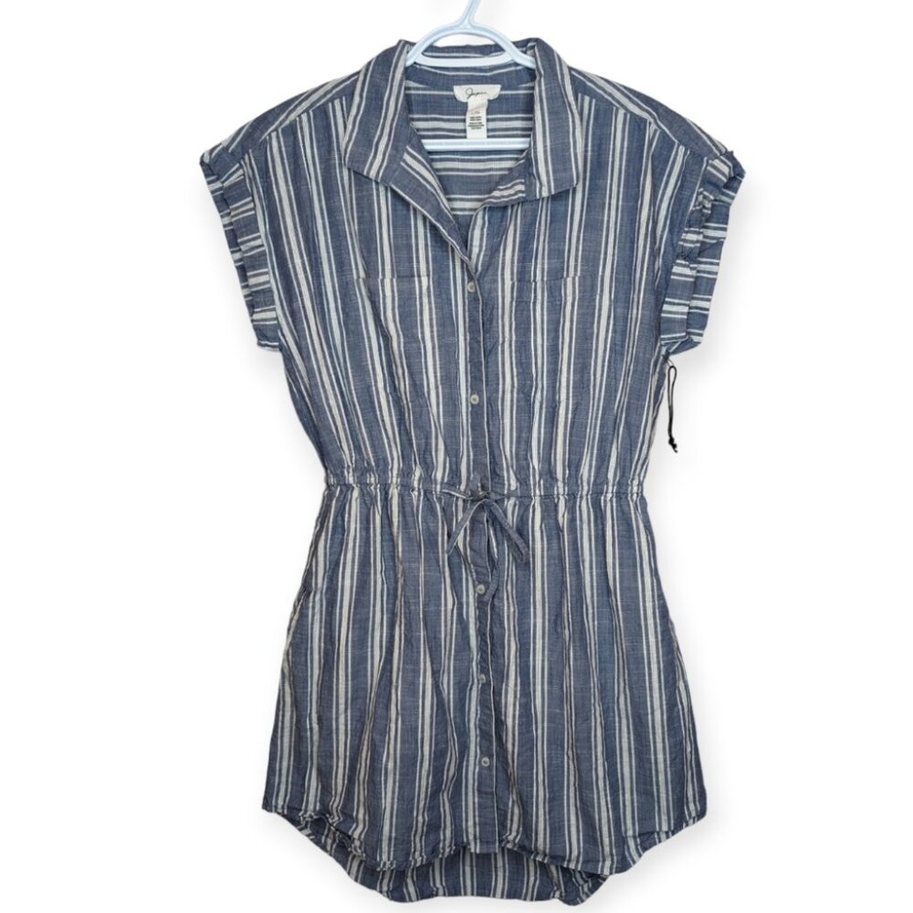 Japna Blue & White 100% Cotton Button Down Tie Waist Cuff Sleeve Dress Women L